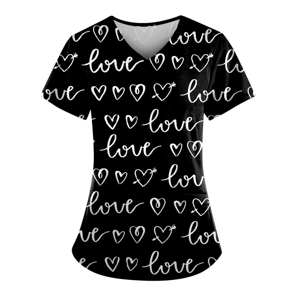 Scrub Tops Women V Neck Short Sleeve Nurse T-Shirt Plus Size Stretchy Printed Moisture Wicking Housekeeping Uniform Shirt Uniformes de Enfermeras de Mujer (05-Black,XL)