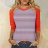 3/4 Length Sleeve Womens Tops Summer Casual Striped Raglan Crewneck Tshirts Shirts Contrast Dressy Blouses Trendy Three Quarter Sleeve Tunic Tops with Leggings Office Business Clothes 2025 Hot Pink view 2