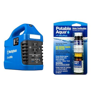 Westinghouse 194Wh 300 Peak Watt Portable Power Station and Solar Generator & Potable Aqua Water Purification Tablets with PA Plus, Portable and Effective Solution for Camping, Hiking, Emergencies