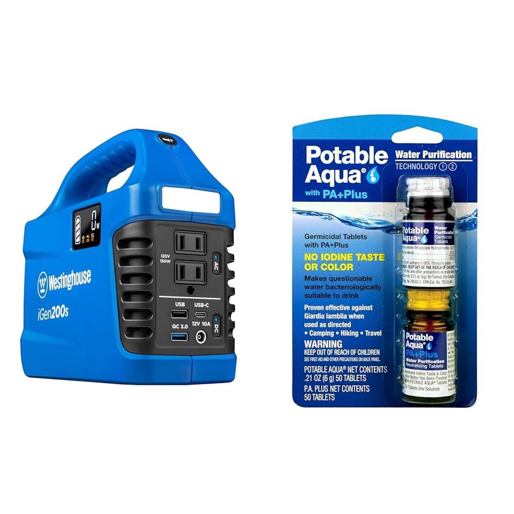 Westinghouse 194Wh 300 Peak Watt Portable Power Station and Solar Generator & Potable Aqua Water Purification Tablets with PA Plus, Portable and Effective Solution for Camping, Hiking, Emergencies
