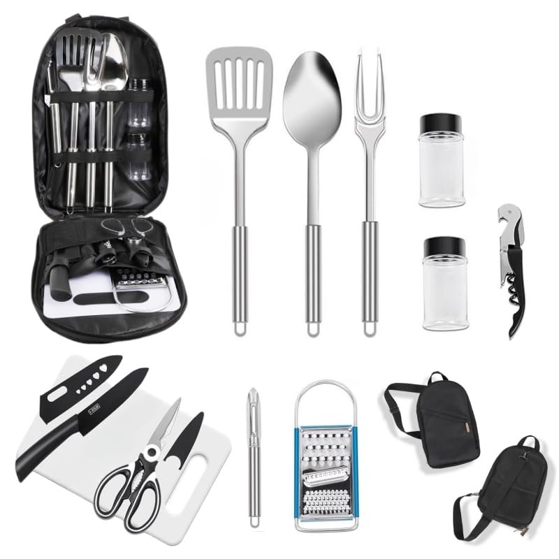 12-Piece Camping Kitchen Utensil Set  Portable Outdoor Cooking Utensils for Camping, RV, Backpacking & BBQ | Complete Camp Kitchen Gear Set with Carry Bag, Grilling Tools & Cooking Accessories