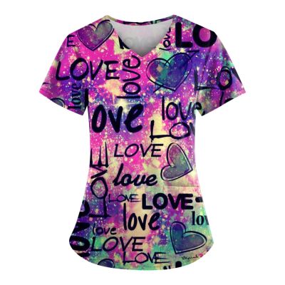 LPIGOH Plus Size Scrub Top Women Scrub Top Multicolor Scrub Top Print Scrub Tops Stretchy Scrubs for Women Fall Scrub Tops Two Pocket Scrub Top Stretch M Printed Scrubs Tops