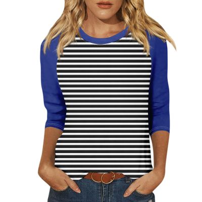 3/4 Length Sleeve Womens Tops Striped Round Neck Raglan Shirts Layering Color Block Cute Casual Blouses Spring Classy Loose Tunics or Tops to Wear with Leggings Womens Clothes 2025 Dark Blue