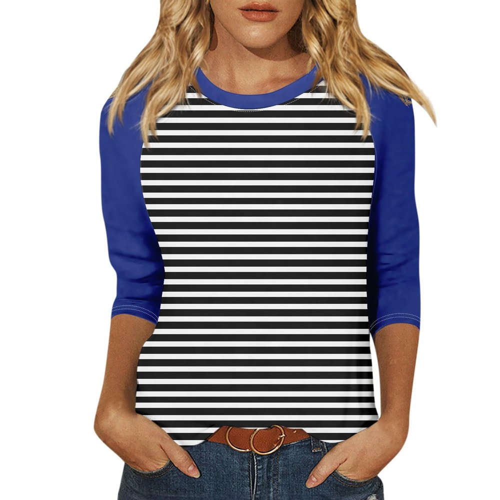3/4 Length Sleeve Womens Tops Striped Round Neck Raglan Shirts Layering Color Block Cute Casual Blouses Spring Classy Loose Tunics or Tops to Wear with Leggings Womens Clothes 2025 Dark Blue