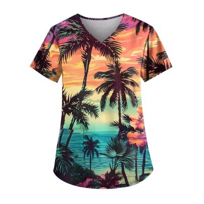 LPIGOH Nurse Uniforms Women Women Scrubs Yellow Print Scrubs Tops Tunic Short Sleeve V-Neck Holiday Scrub Tops Shirts with Pockets 5X Nurse Uniforms