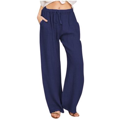 NineFit Basics Women's Cotton Linen Pants,2024 Summer Wide Leg Casual Loose Lightweight Flowy Beach Pants,Plus Size Drawstring High Waist Palazzo Trousers Pants with Pockets Vacation Outfits(A-Navy,XXL)