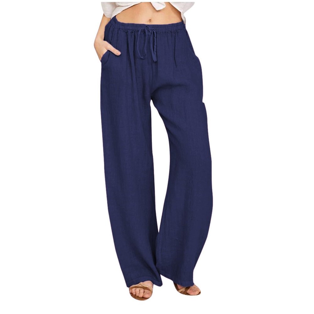 NineFit Basics Women's Cotton Linen Pants,2024 Summer Wide Leg Casual Loose Lightweight Flowy Beach Pants,Plus Size Drawstring High Waist Palazzo Trousers Pants with Pockets Vacation Outfits(A-Navy,XXL)