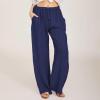 NineFit Basics Women's Cotton Linen Pants,2024 Summer Wide Leg Casual Loose Lightweight Flowy Beach Pants,Plus Size Drawstring High Waist Palazzo Trousers Pants with Pockets Vacation Outfits(A-Navy,XXL) view 2