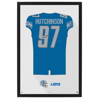 Sporticulture NFL American Football Detroit Lions - Aidan Hutchinson Jersey Print Framed Wall Art Picture Poster for Boys Bedroom and Man Cave Decor - Ready to Hang, Blue 27" x 39", Large