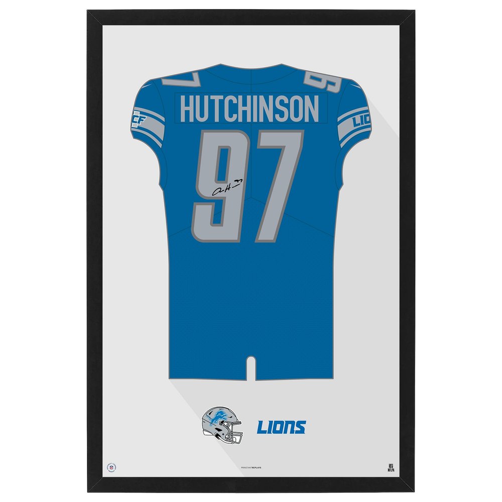 Sporticulture NFL American Football Detroit Lions - Aidan Hutchinson Jersey Print Framed Wall Art Picture Poster for Boys Bedroom and Man Cave Decor - Ready to Hang, Blue 27" x 39", Large