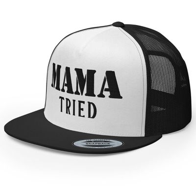 RIVEMUG NG Mama Tried Flat Bill Trucker Hat High Crown Adjustable Funny Cap Black/White/Black