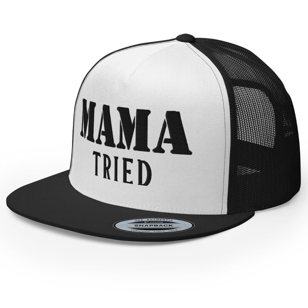 RIVEMUG NG Mama Tried Flat Bill Trucker Hat High Crown Adjustable Funny Cap Black/White/Black