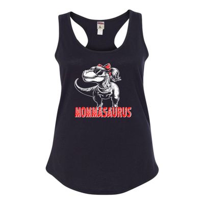 Large Black Women Fitted Mommasaurus Funny T-Rex Mom Mother's Day Sleeveless Tank Top T-Shirt