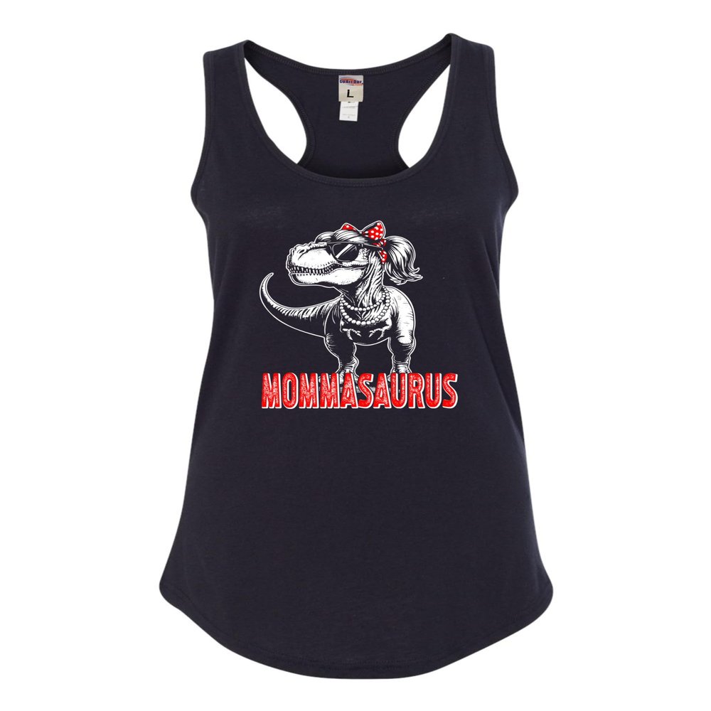 Large Black Women Fitted Mommasaurus Funny T-Rex Mom Mother's Day Sleeveless Tank Top T-Shirt