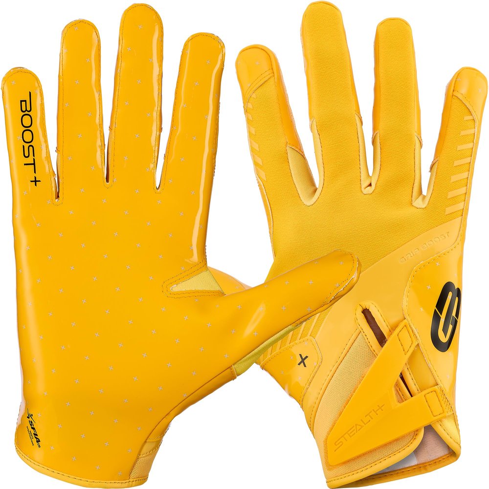 Grip Boost Football Gloves - Solid Stealth 6.0 Boost Plus Sticky Technology - Adult and Youth Football Gloves for Wide Receiver - Men's and Boys Sizes (Solid Yellow, Youth Small)