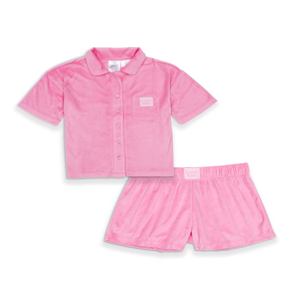 Calvin Klein Girls Sleeve Button-Down Shirt and Shorts Pajama Set, Sachet Pink, X-Large