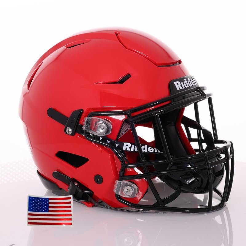 Riddell SpeedFlex Adult w/Black SF-2EG-II Facemask + US Helmet Flag Decal (Scarlet Helmet, Small) - Green Gridiron