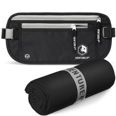 VENTURE 4TH Travel Money Belt & Quick Dry Towel Set - Ideal Travel Bundle for Vacations, Backpacking and Business Trips - Travel Towel Size XL