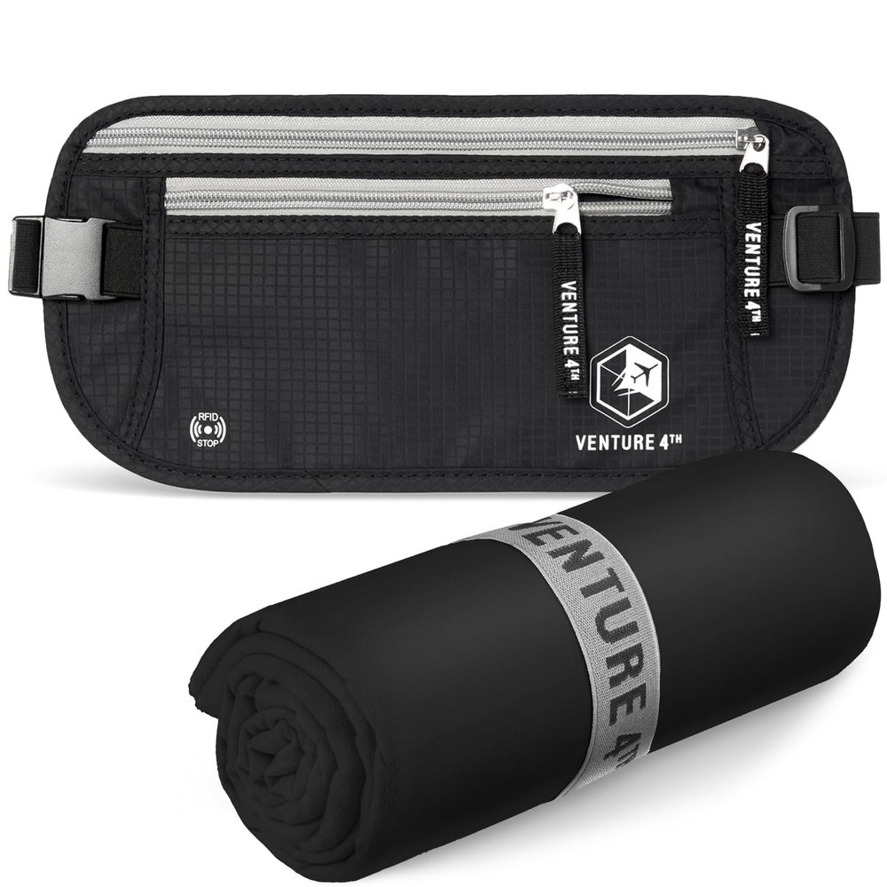 VENTURE 4TH Travel Money Belt & Quick Dry Towel Set - Ideal Travel Bundle for Vacations, Backpacking and Business Trips - Travel Towel Size XL