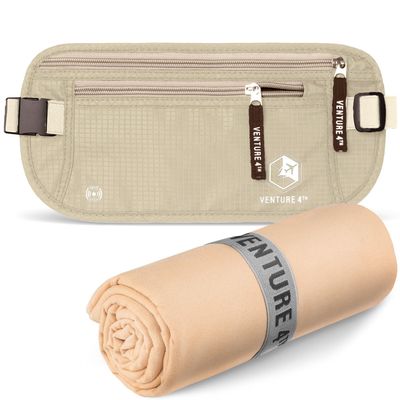VENTURE 4TH Travel Money Belt & Quick Dry Towel Set - Ideal Travel Bundle for Vacations, Backpacking and Business Trips - Travel Towel Size XL