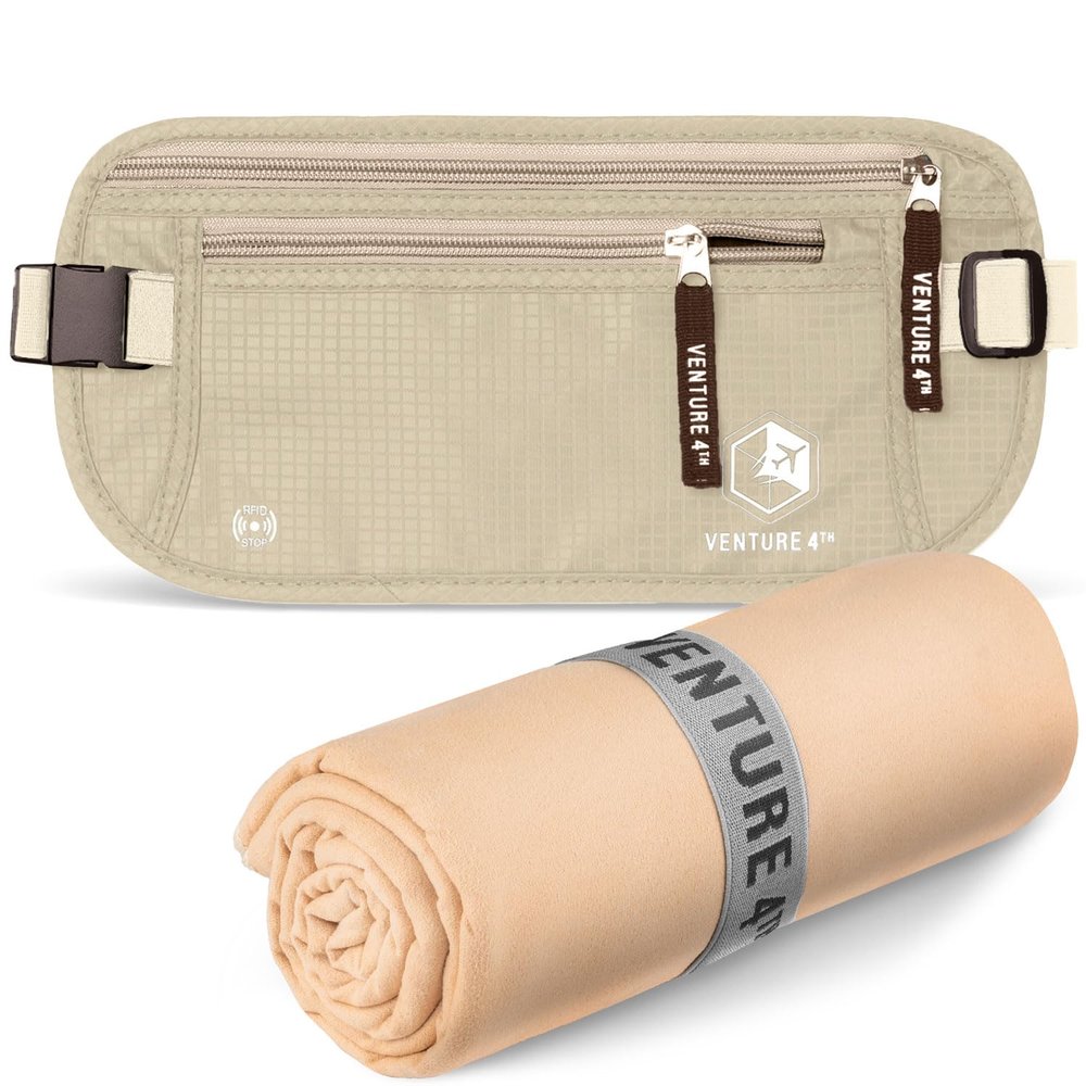 VENTURE 4TH Travel Money Belt & Quick Dry Towel Set - Ideal Travel Bundle for Vacations, Backpacking and Business Trips - Travel Towel Size XL