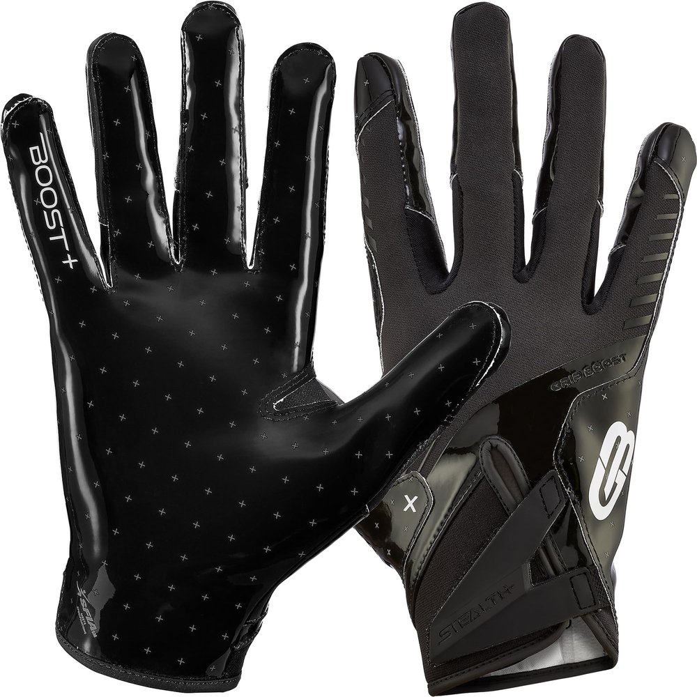 Grip Boost Football Gloves - Solid Stealth 6.0 Boost Plus Sticky Technology - Adult and Youth Football Gloves for Wide Receiver - Men's and Boys Sizes (Solid Black, Youth Small)