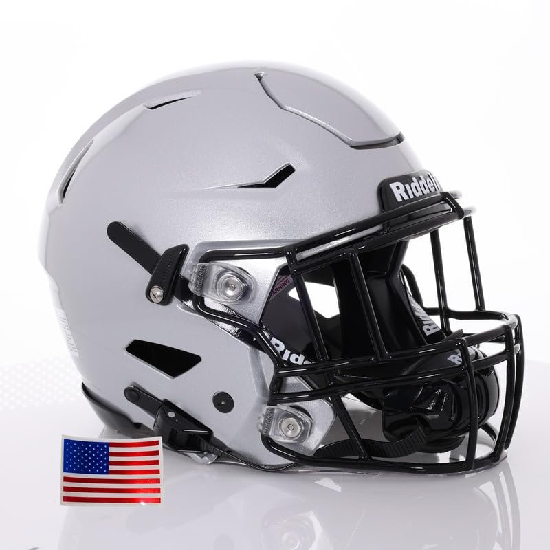 Riddell SpeedFlex Adult w/Black SF-2EG-II Facemask + US Helmet Flag Decal (Silver Helmet, Small) - Green Gridiron