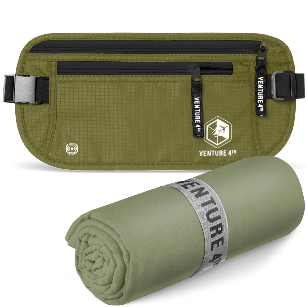 VENTURE 4TH Travel Money Belt & Quick Dry Towel Set - Ideal Travel Bundle for Vacations, Backpacking and Business Trips - Travel Towel Size XL