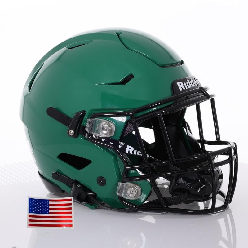 Riddell SpeedFlex Adult w/Black SF-2EG-II Facemask + US Helmet Flag Decal (Kelly Green Helmet, Small) - Green Gridiron