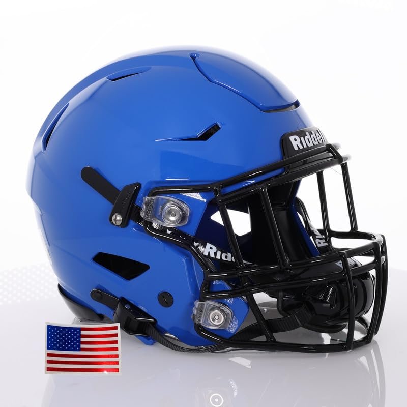 Riddell SpeedFlex Adult w/Black SF-2EG-II Facemask + US Helmet Flag Decal (Royal Blue Helmet, Small) - Green Gridiron