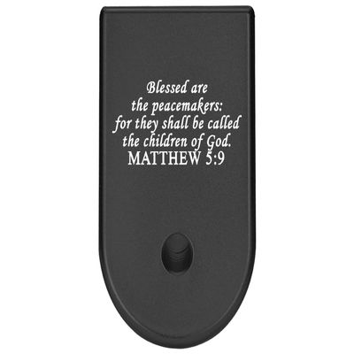 NDZ Performance Magazine Base Plate Finger Extension for Glock 26 27 33 39 Gen 1/2/3/4/5 in 9mm .40, .357, .45 Anodized Aluminum Laser Engraved, Made in The USA - Bible Matthew 5:9 in Black