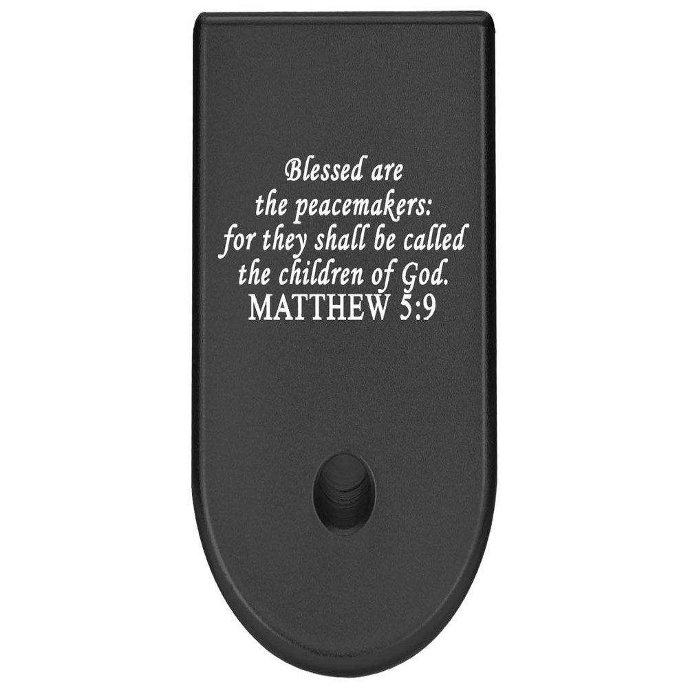 NDZ Performance Magazine Base Plate Finger Extension for Glock 26 27 33 39 Gen 1/2/3/4/5 in 9mm .40, .357, .45 Anodized Aluminum Laser Engraved, Made in The USA - Bible Matthew 5:9 in Black