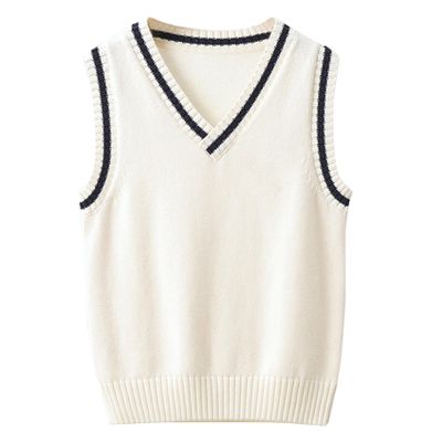 Sinleey Little Boys Girls V-Neck Sweater Vest Kids Sleeveless Crop Top Knit Cardigan Waistcoat School Uniform Dress Up White 5-6 Years
