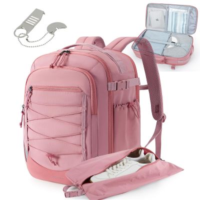 BAGSMART Carry On Backpack, 17.3 Inch Large Travel backpack Carry On Flight Approved, Personal Item Backpack Travel Bag With Shoe Bag, 27L Water Resistant Casual Daypack, Pink