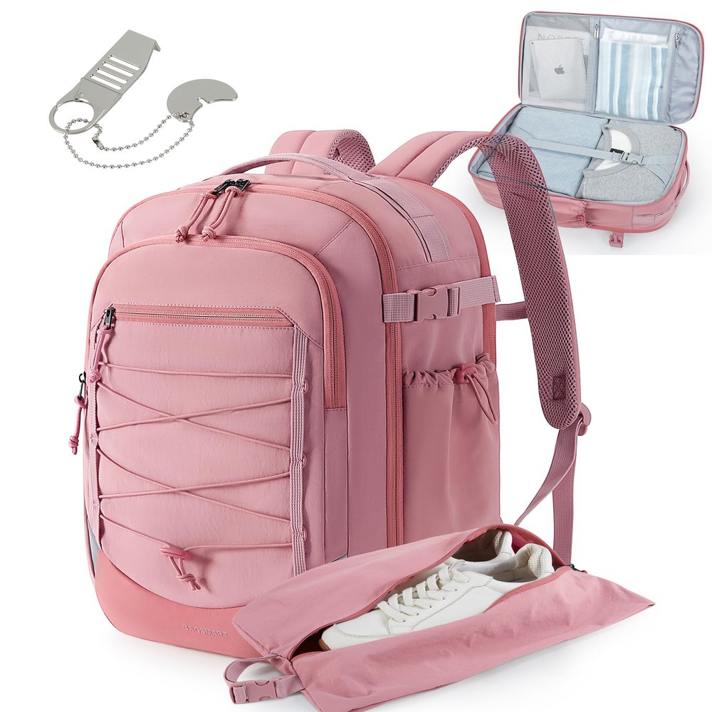BAGSMART Carry On Backpack, 17.3 Inch Large Travel backpack Carry On Flight Approved, Personal Item Backpack Travel Bag With Shoe Bag, 27L Water Resistant Casual Daypack, Pink