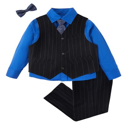 Mosedou Boys Pinstripe Suit Vest and Pants Set for Toddler Kids Long Sleeve Royal Blue Shirt and Tie for School Uniforms Wedding Formal Dress Clothes Size 7