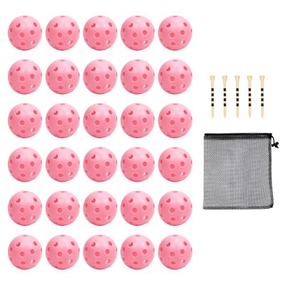 Bac-kitchen 30 Pack Plastic Golf Balls Practice Limited Flight Golf Training Ball Hollow Swing Practice with Mesh Drawstring Bag and Ball Tees for Backyard Driving Range or Outdoor (Pink 30)