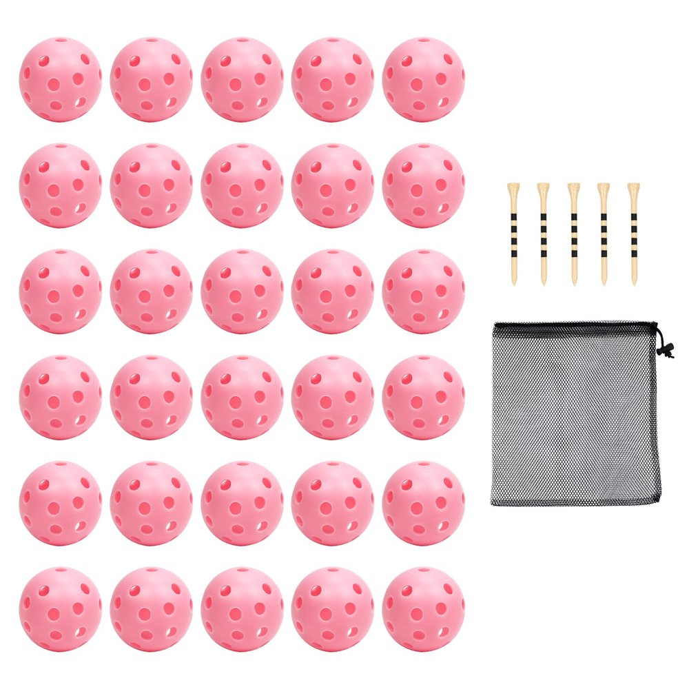 Bac-kitchen 30 Pack Plastic Golf Balls Practice Limited Flight Golf Training Ball Hollow Swing Practice with Mesh Drawstring Bag and Ball Tees for Backyard Driving Range or Outdoor (Pink 30)