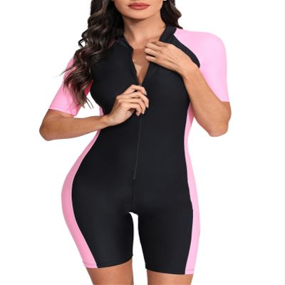 Sxiwei Womens One Piece Athletic Surfing Jumpsuit Pool Beach Sport Bathing Suit Short Sleeve Swimsuit Pink&Black Large