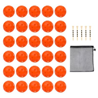 Bac-kitchen 30 Pack Plastic Golf Balls Practice Limited Flight Golf Training Ball Hollow Swing Practice with Mesh Drawstring Bag and Ball Tees for Backyard Driving Range or Outdoor (Orange 30)
