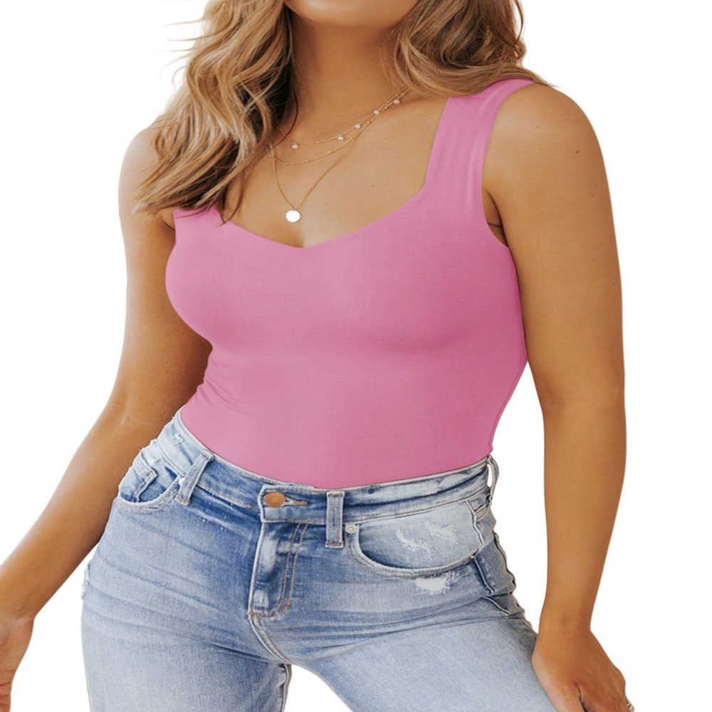 PINKMSTYLE Womens Sleeveless Square V-Neck Tops Tight Shirts Casual Summer Tank Tops Pirouette Large