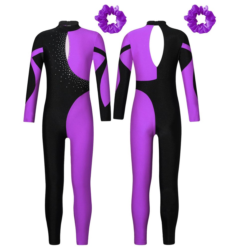 LiiYii Kids Girls Figure Ice Skating Jumpsuit Long Sleeves Gymnastics Leotards Bodysuit Full Body Dance Unitards Purple 10 Years