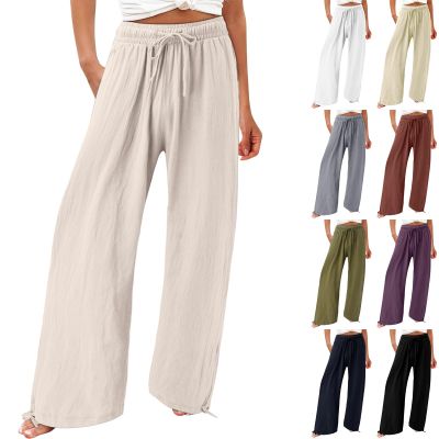Beach Pants for Women Elastic High Waisted Linen Pants Casual Baggy Wide Leg Pants Summer Drawstring Lounge Pants Solid Boho Palazzo Pants Loose Comfy Trousers Flowy Yoga Pants with Pockets