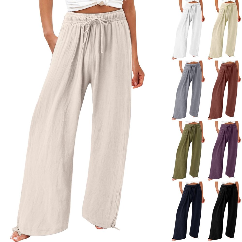 Beach Pants for Women Elastic High Waisted Linen Pants Casual Baggy Wide Leg Pants Summer Drawstring Lounge Pants Solid Boho Palazzo Pants Loose Comfy Trousers Flowy Yoga Pants with Pockets