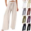 Beach Pants for Women Elastic High Waisted Linen Pants Casual Baggy Wide Leg Pants Summer Drawstring Lounge Pants Solid Boho Palazzo Pants Loose Comfy Trousers Flowy Yoga Pants with Pockets view 1