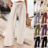 Beach Pants for Women Elastic High Waisted Linen Pants Casual Baggy Wide Leg Pants Summer Drawstring Lounge Pants Solid Boho Palazzo Pants Loose Comfy Trousers Flowy Yoga Pants with Pockets view 2