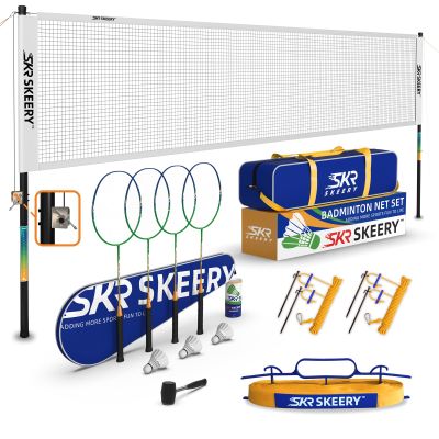 SKEERY Professional Badminton Set with Winch System,Portable Badminton Net Includes Carbon Aluminum Badminton Rackets Set of 4,3 Shuttlecocks and Bag,Badminton Sets for Backyards,Beach (White)