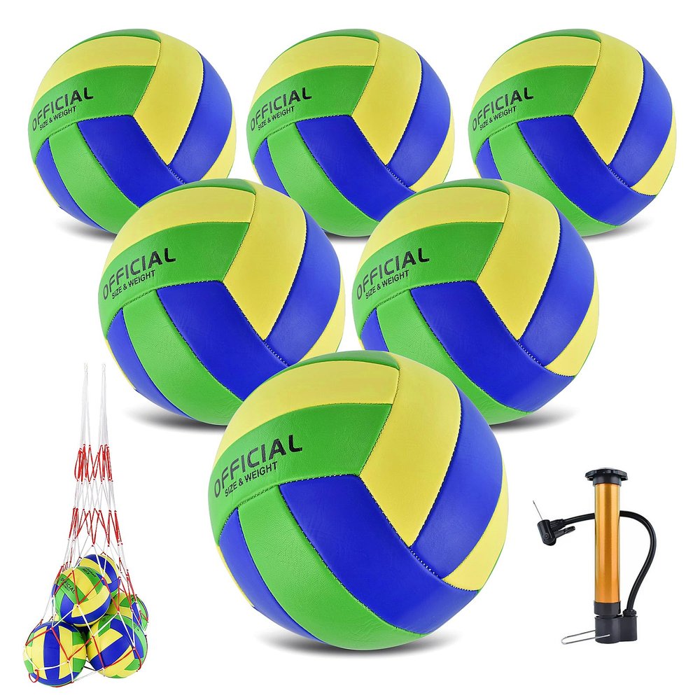 ELKCIP 6 Pack Volleyballs Official Size 5, Soft Bulk Recreational Volley Balls with Pump and Net Bag for Indoor Outdoor Beach Pool Water Sand Game Training Match for Beginner, Green