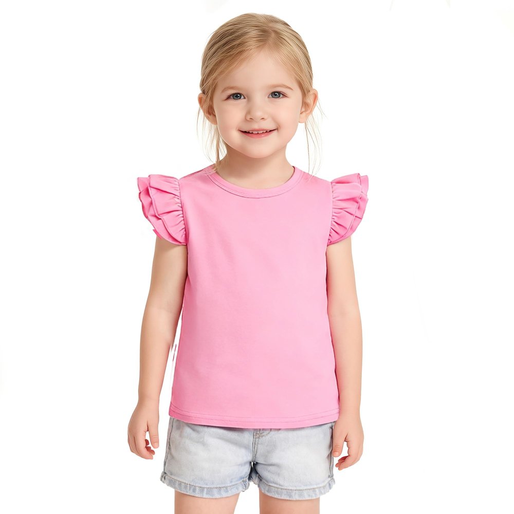 ZFZDRen 12M-7Y Toddler Baby Girls T Shirt Solid Color Blouse Ruffle Top Cotton Casual Tees Plain Shirt (5-6 Years, C048)