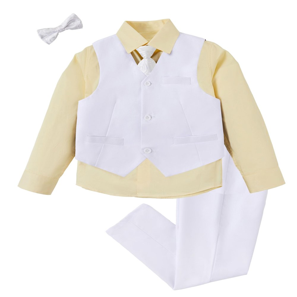Mosedou Suits for Boys White Vest and Pants Set Kids Tuxedo Suit Boy Yellow Button Down Dress Shirt with Long Sleeves for Wedding Easter Outfit Size 5